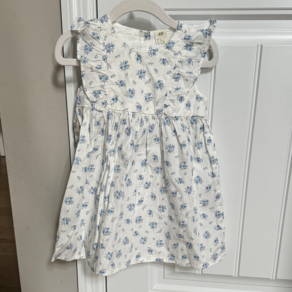 H&M White & Blue Floral Ruffle-Shoulder Toddler Girl Dress